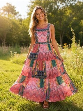 Anthropologie Alessandra Maxi Dress Bhanuni Jyoti Sz 6 Small Boho Beaded Tiered
